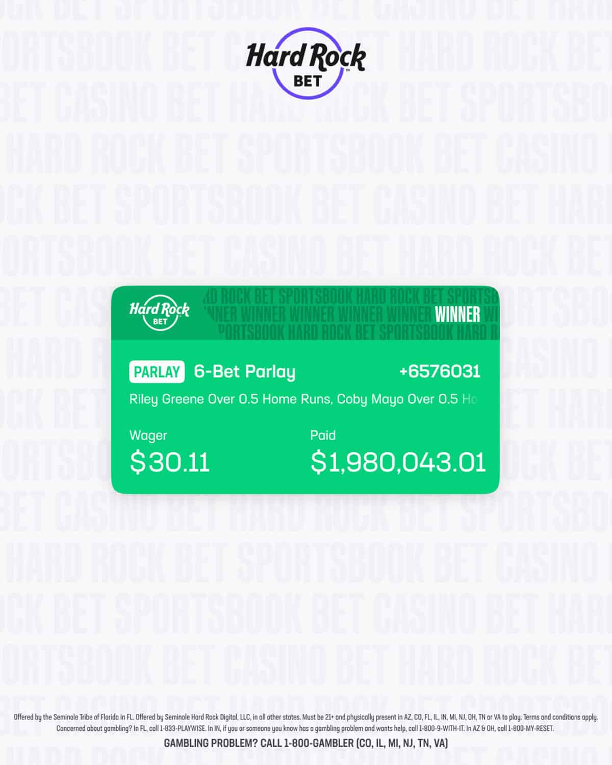 2 million home run parlay hard rock bet